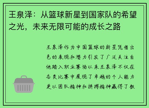 王泉泽：从篮球新星到国家队的希望之光，未来无限可能的成长之路