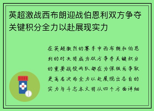 英超激战西布朗迎战伯恩利双方争夺关键积分全力以赴展现实力